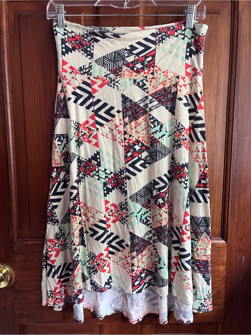 LuLaRoe A-Line Skirt in Cream with Coral, Mint & Navy Geometric Print